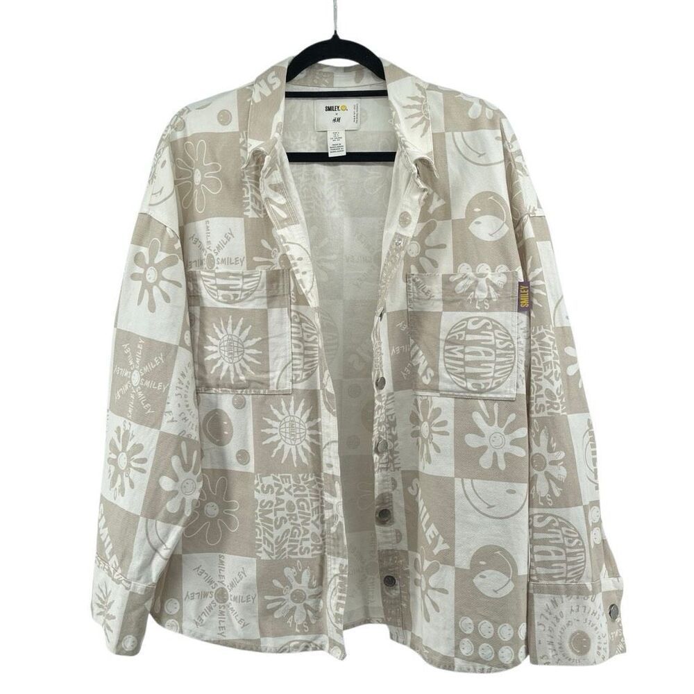 Smiley x H&M Unisex Oversized Tan Beige Graphic Denim Jacket Size Small